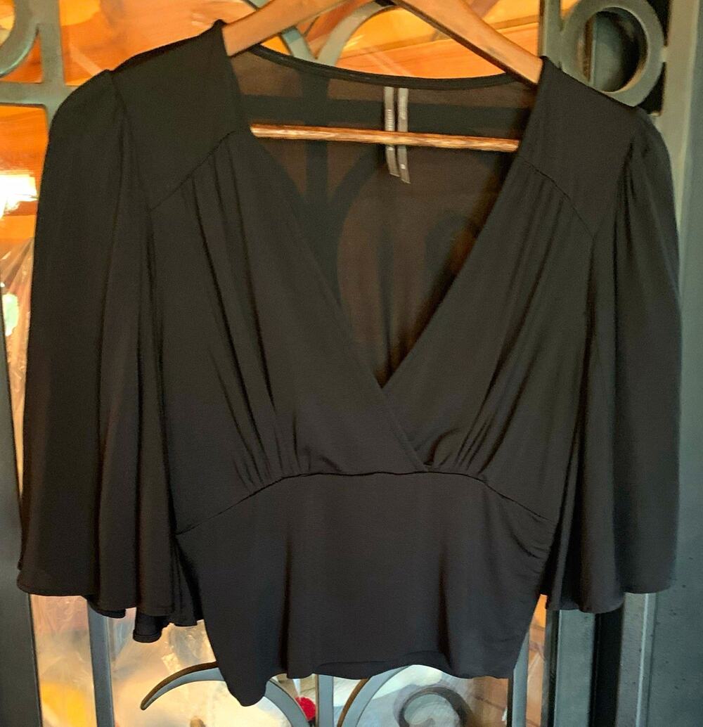 By Anthropologie Black Drap V-Neck Flutter Sleeve Wrap Top XS/P